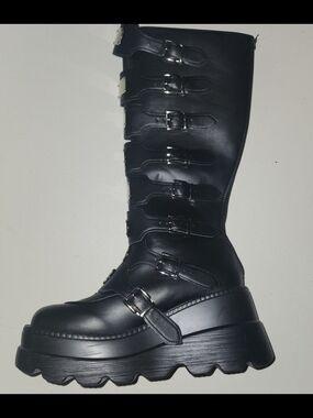 Women's Black Kneehigh Platform Buckle Boots Size US 10-10.5 EU 41 NWOB